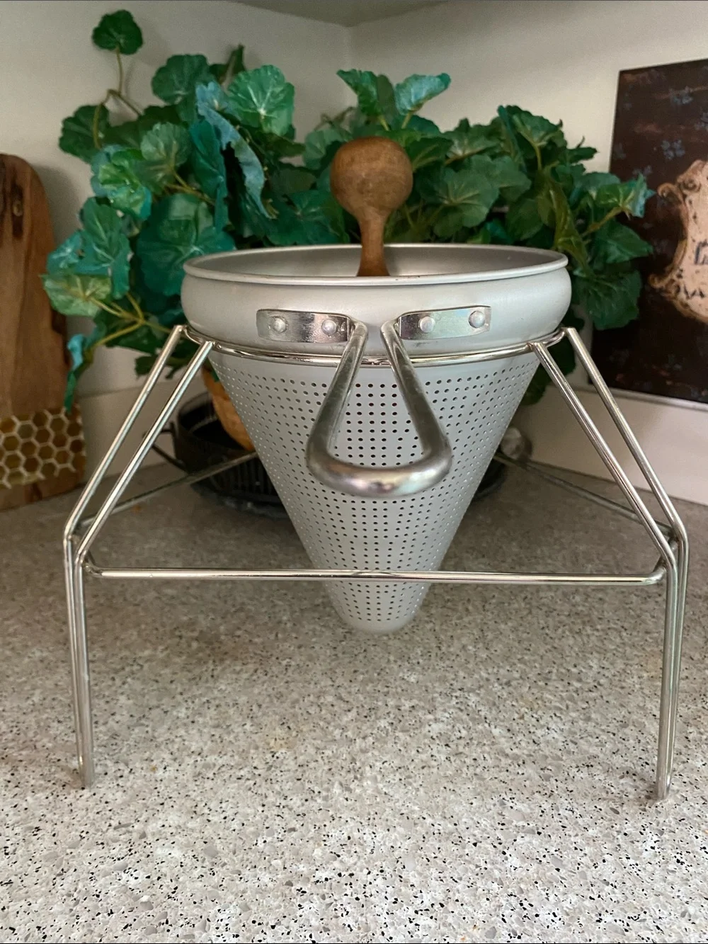 Vintage Cone Sieve, Wooden Pestle & Aluminum Stand